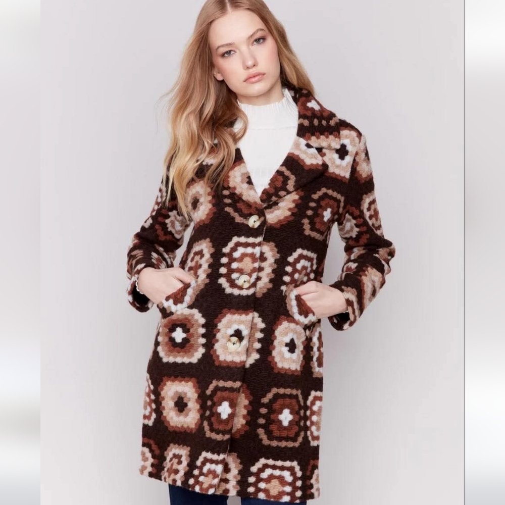 Charlie B Long Crochet Jacket Coat Chocolate Brown Color Scheme M